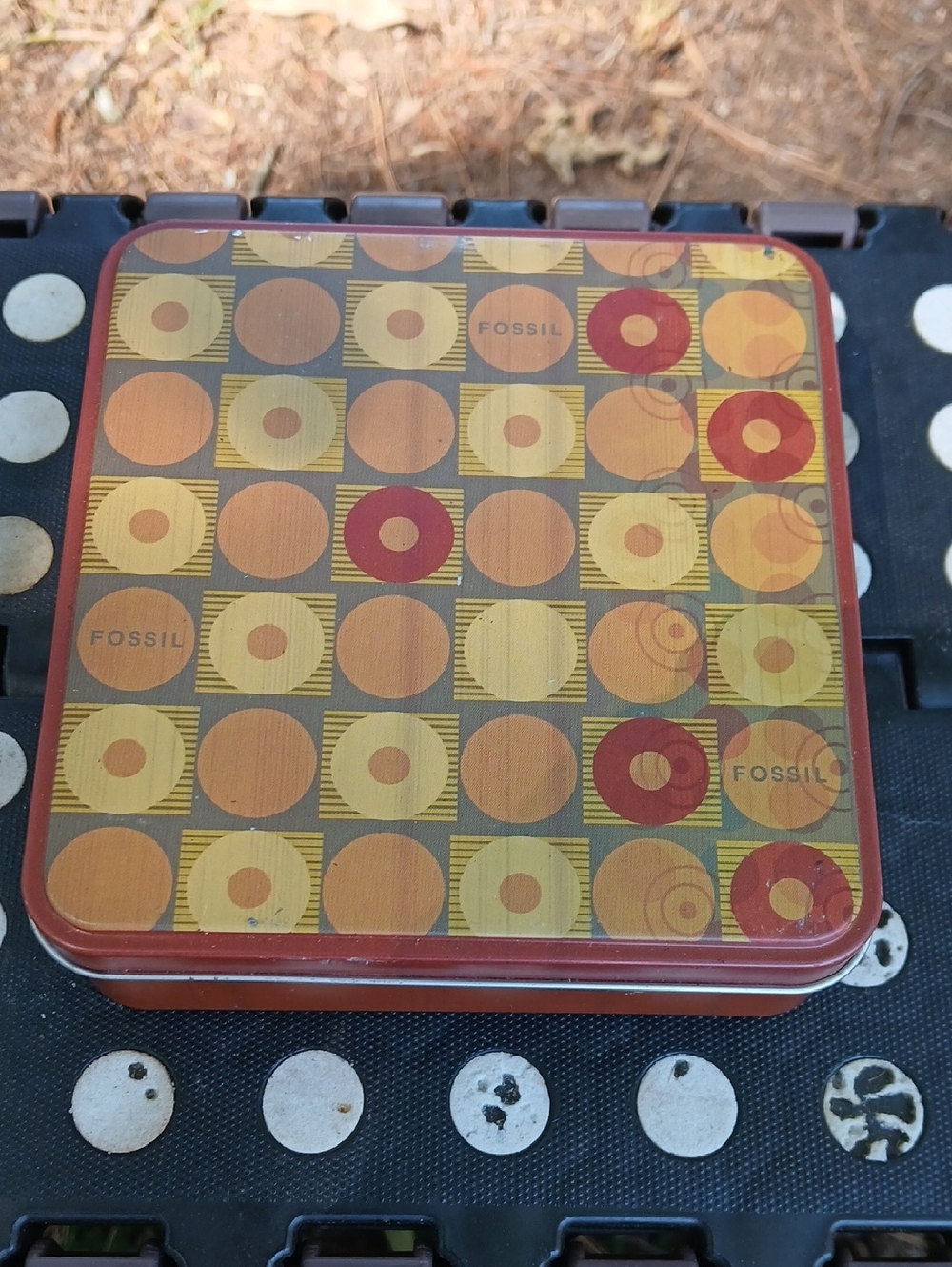 Fossil Square Tin with Orange, Red & Yellow Circle Grid